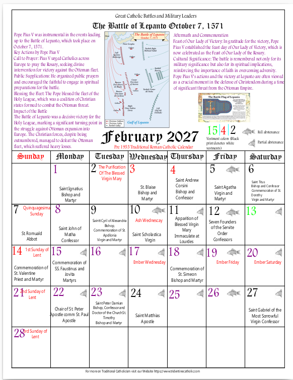 2027 Liturgical calendar according the the pre 1950 missal